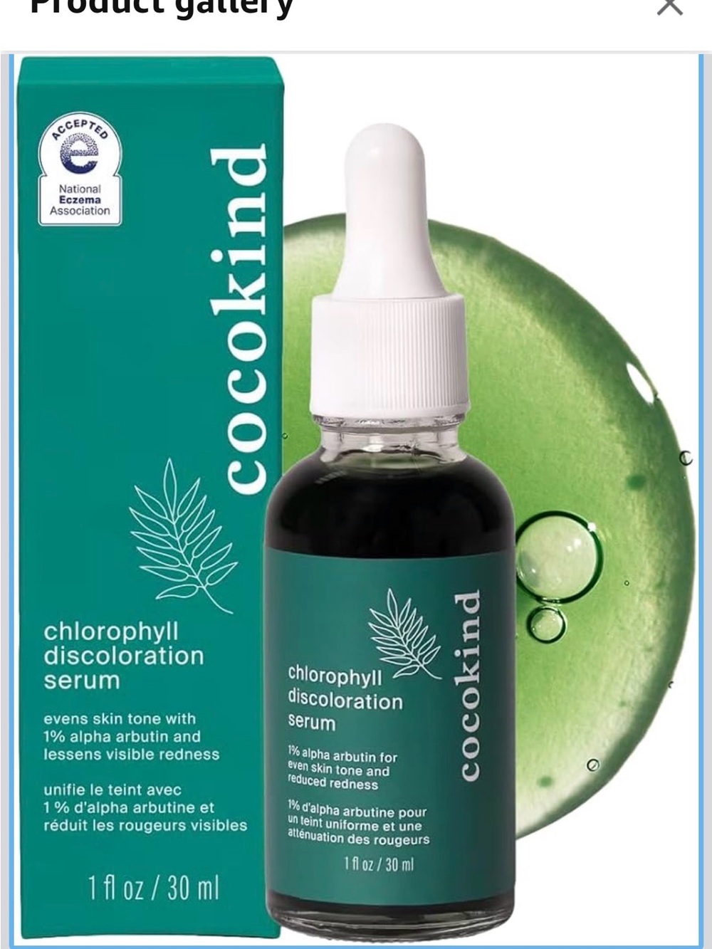 Cocokind Chlorophyll Discoloration Serum 1 fl oz And Peptide Eye Gel 0.5fl oz.